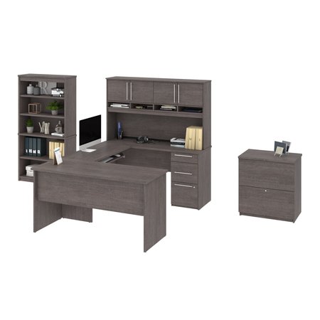 Bestar Bestar Innova 83W U or L-Shaped Desk with Hutch, Lateral File Cabinet, and Bookcase in bark grey 92855-000047